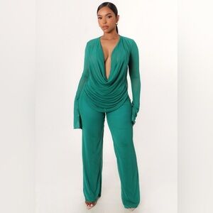 Draping Top Teal Pants Set for